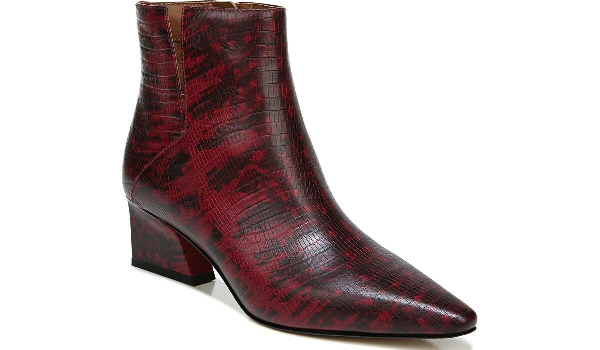 Franco Sarto Franco Sandria Block Heel Bootie Wine Snake Print Leather